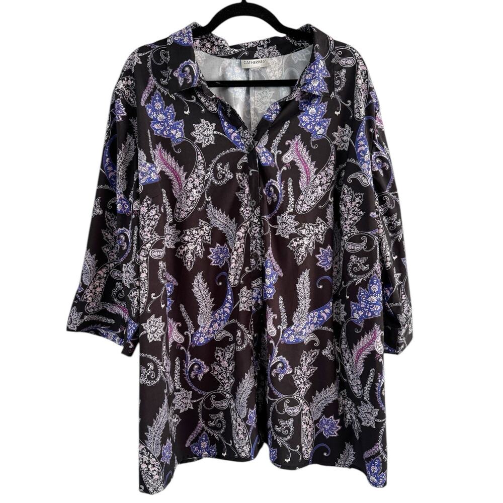 Catherine’s Purple Paisley Print Button Front 3/4 Sleeve Blouse Size 3XWP